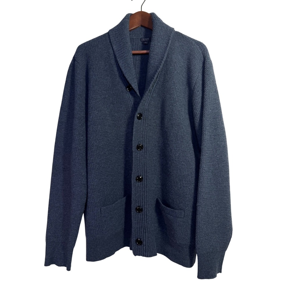 J.Crew Cardigan Sweater Mens Large Blue Shawl Collar Lambswool Button Pockets